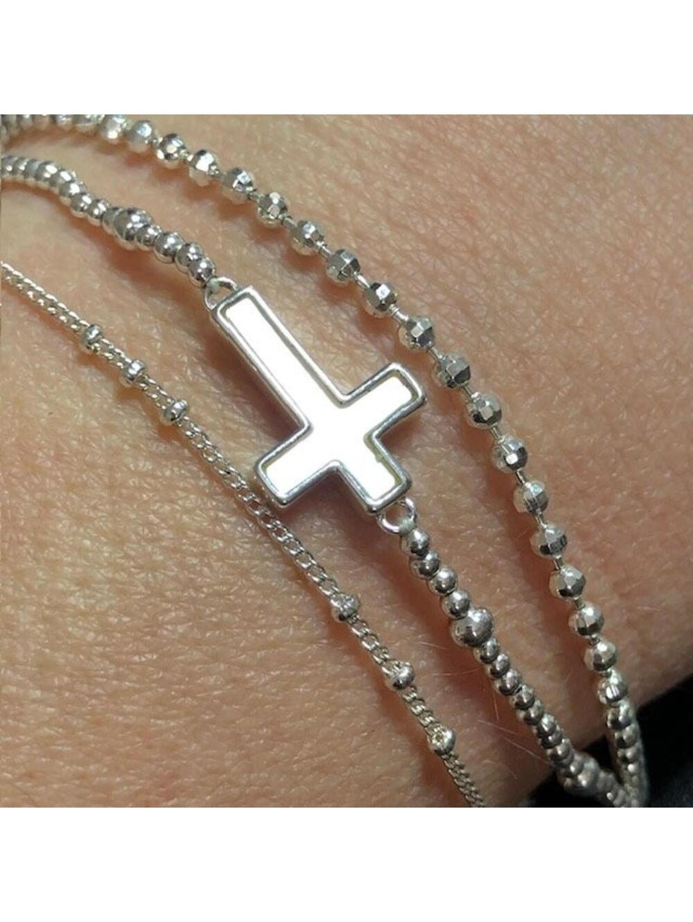 B2425 LA CN Multi-Strand Sideways Cross Bracelet Silvertone Mother of Pearl 6-8"